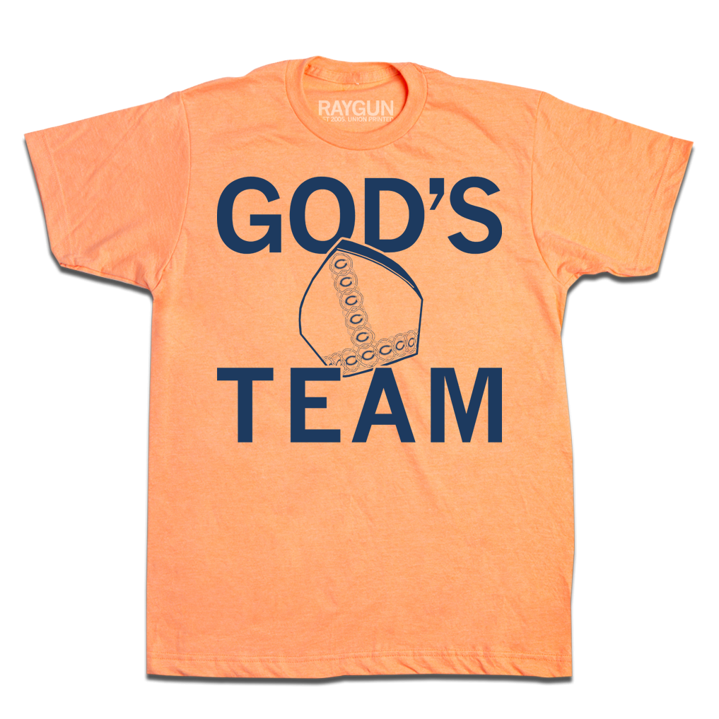 Heather cantaloupe t-shirt with navy ink that says, "God's Team" over an illustration of the pope's mitre.
