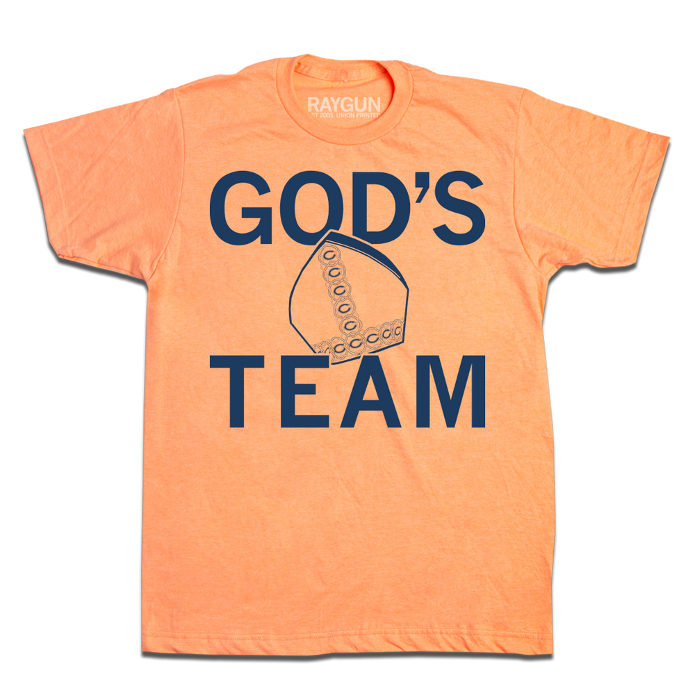 Heather cantaloupe t-shirt with navy ink that says, "God's Team" over an illustration of the pope's mitre.