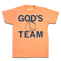 Heather cantaloupe t-shirt with navy ink that says, "God's Team" over an illustration of the pope's mitre.