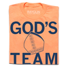 Heather orange shirt with navy ink that says, "God's Team" over an illustration of the pope's mitre.