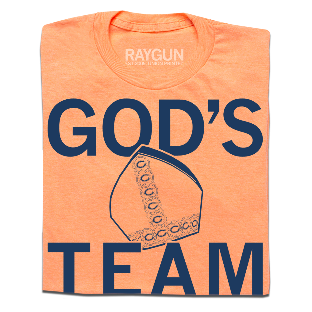 Heather orange shirt with navy ink that says, "God's Team" over an illustration of the pope's mitre.