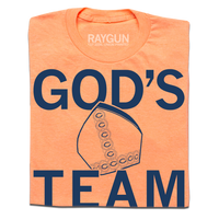 Heather orange shirt with navy ink that says, "God's Team" over an illustration of the pope's mitre.