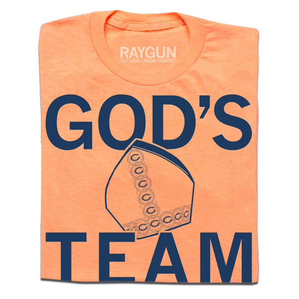 Heather orange shirt with navy ink that says, 