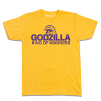 Heather mellow yellow t-shirt with purple ink that says, "Godzilla King of Kindness" with Godzilla's head emerging above the text.