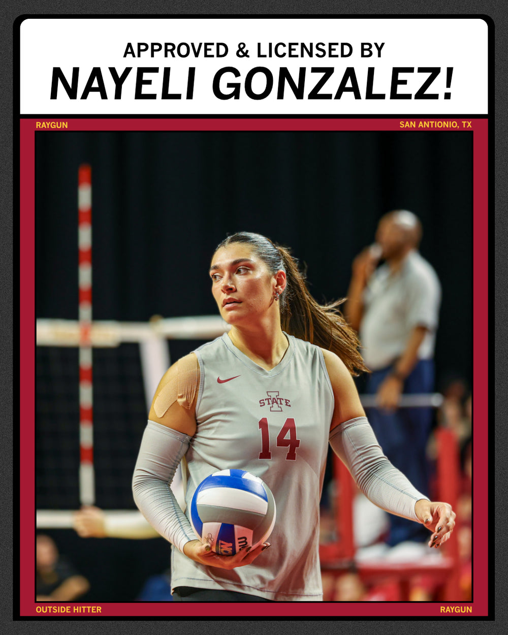 A volleyball player wearing a grey STATE 14 jersey stands on a court holding a volleyball, with APPROVED & LICENSED BY NAYELI GONZALEZ! at the top of this Heather Mellow Yellow T-shirt design.