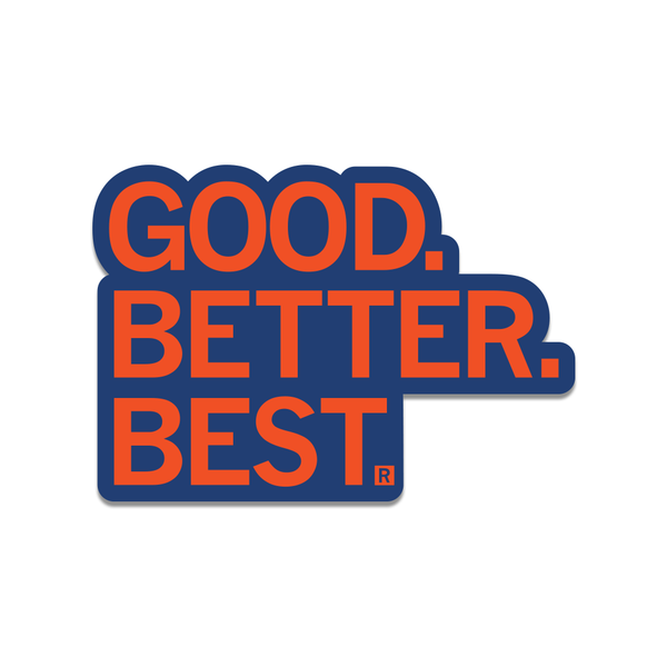 A navy die-cut sticker with orange text that reads 