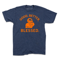 Short-sleeve heather navy t-shirt with orange ink. An illustration of Pope Leo wearing a hat with a C on it is in the center. Text above and below combines to read "GOOD, BETTER, BLESSED."