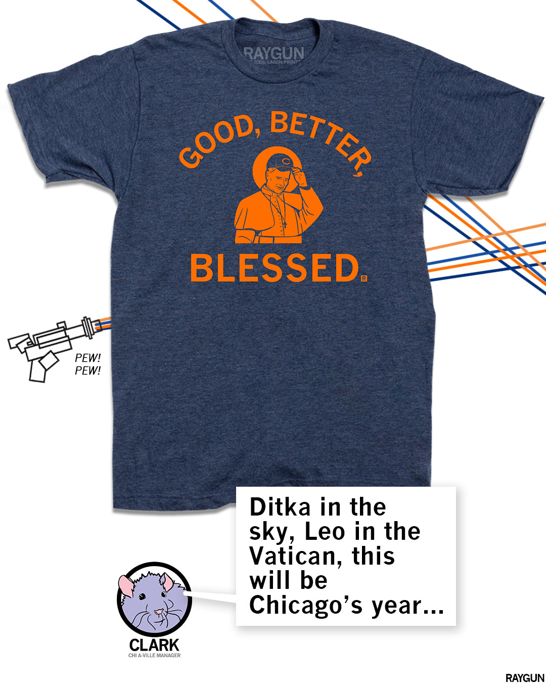 Navy blue t-shirt featuring an orange graphic of Mike Ditka tipping his hat with the text GOOD, BETTER, BLESSED.