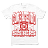 A white t-shirt with bright red text that reads, "The Gorbatenko Sisers: Nicole, Rachel, and Kelly from Barrington, IL" surrounding an illustration of a hockey rink and two crossed hockey sticks