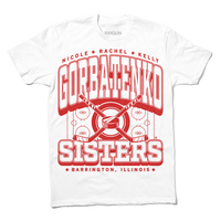 A white t-shirt with bright red text that reads, "The Gorbatenko Sisers: Nicole, Rachel, and Kelly from Barrington, IL" surrounding an illustration of a hockey rink and two crossed hockey sticks