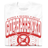 A folded white t-shirt with bright red text that reads, "The Gorbatenko Sisers: Nicole, Rachel, and Kelly from Barrington, IL" along with an illustration of a hockey rink and two crossed hockey sticks