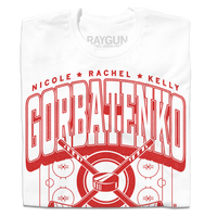 A folded white t-shirt with bright red text that reads, "The Gorbatenko Sisers: Nicole, Rachel, and Kelly from Barrington, IL" along with an illustration of a hockey rink and two crossed hockey sticks
