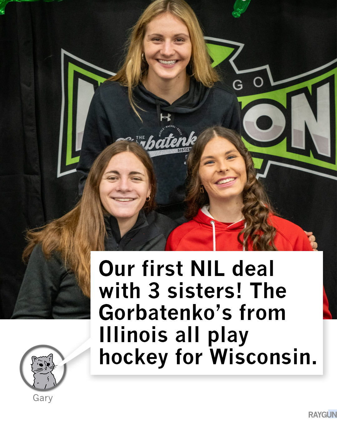 The Gorbatenko sisters, the first trio to sign an NIL deal, pose for a photo wearing heavyweight ivory T-shirts.