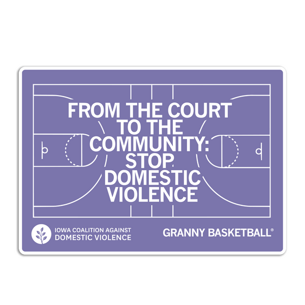 A rectangular purple sticker with a white border, white illustration of a basketball court, and white text on the court that reads 