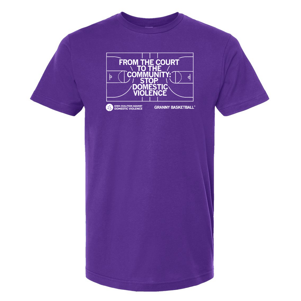 A short sleeve purple t-shirt with white text over an illustration of a basketball court that reads "Granny Basketball. From the court to the community: stop domestic violence." Text to the bottom right says, "Granny Basketball" and to the bottom left is the Iowa Coalition Against Domestic Violence logo.