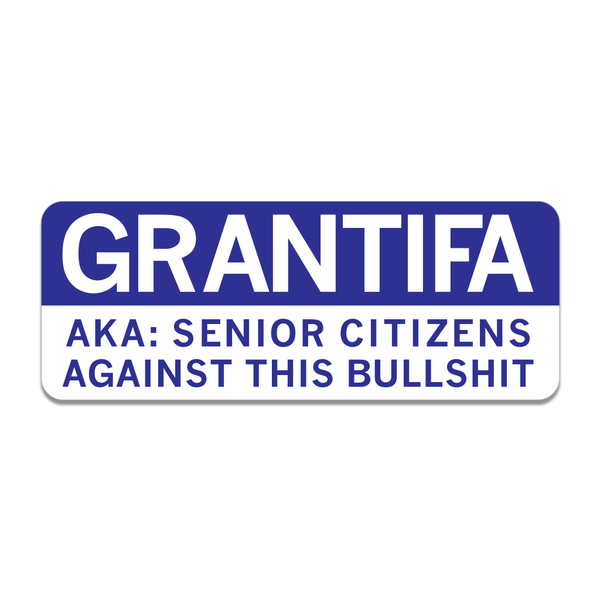 A rectangular die-cut sticker with rounded corners and black & white text that says, 