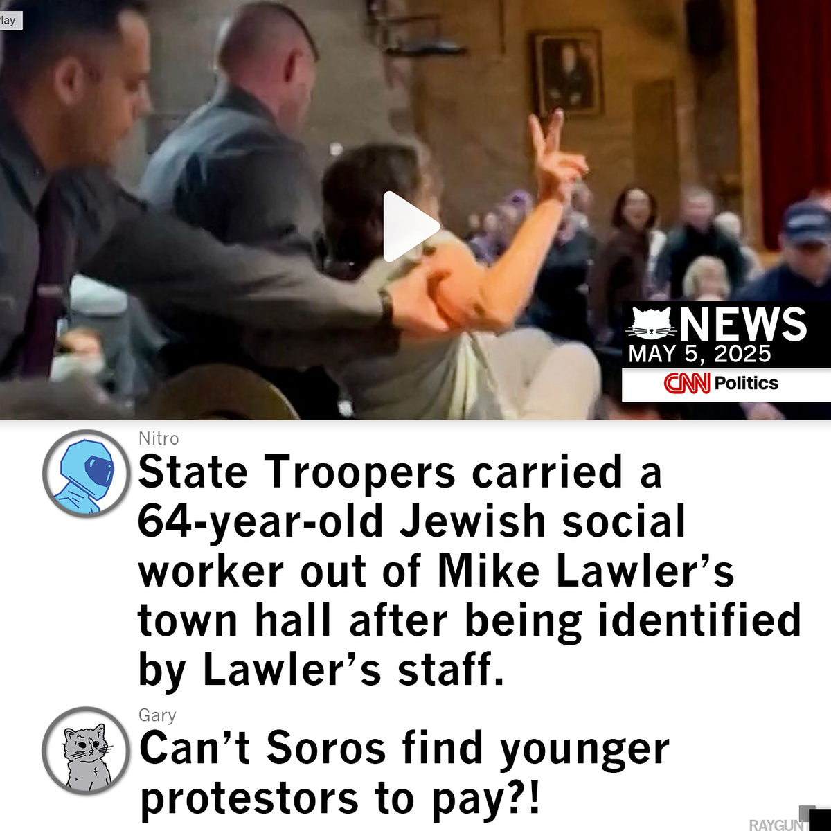 State troopers escort a senior citizen wearing an anti-fascist grandparents t-shirt who is giving a peace sign out of a town hall meeting, while social media commentary claims the individual is a paid protestor.
