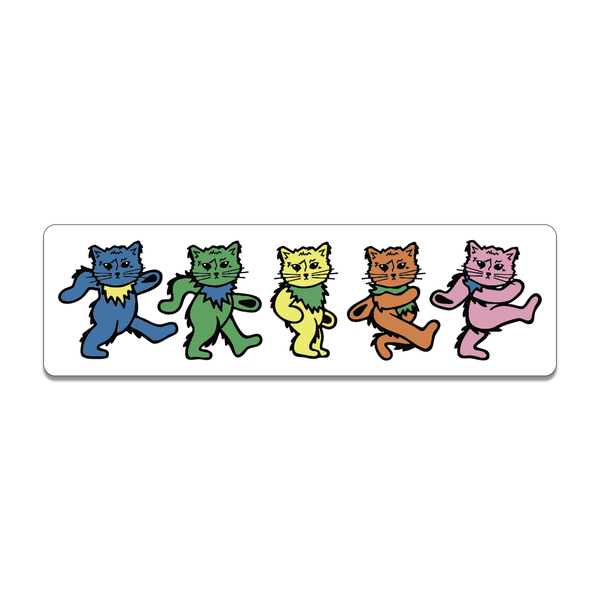 A die-cut sticker of five color cats spoofing the Grateful Dead marching bears.
