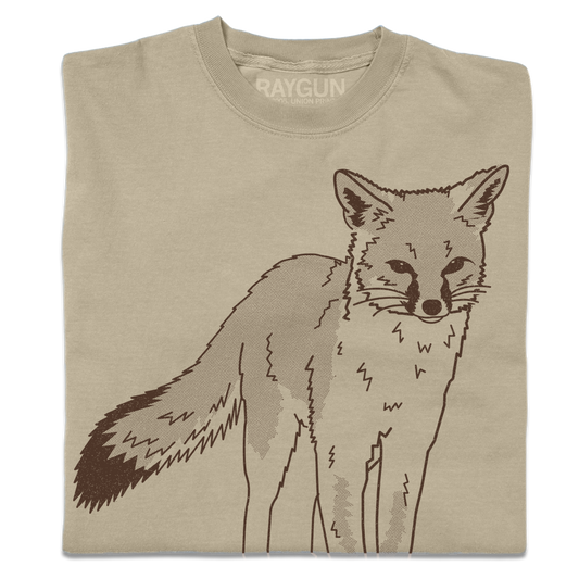 Khaki heavyweight shirt with an illustration of a gray fox in brown ink.
