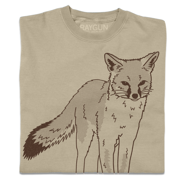 Khaki heavyweight shirt with an illustration of a grey fox in brown ink.