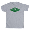 Gray short-sleeve union made t-shirt with a green diamond-shaped Great River Brewery logo on the chest.