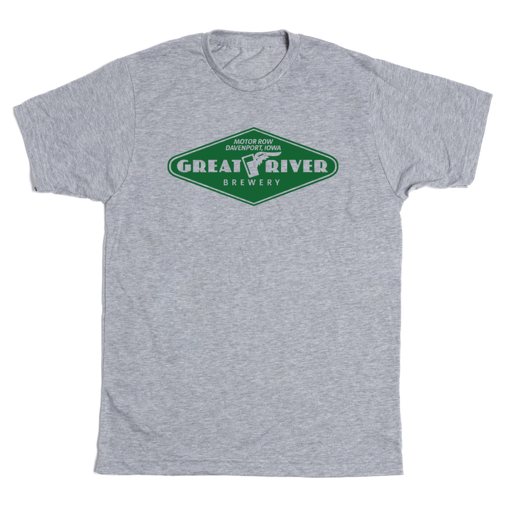 Gray short-sleeve union made t-shirt with a green diamond-shaped Great River Brewery logo on the chest.