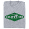 Grey union made t-shirt featuring a green diamond-shaped logo that reads Great River Brewery, Motor Row Davenport, Iowa.