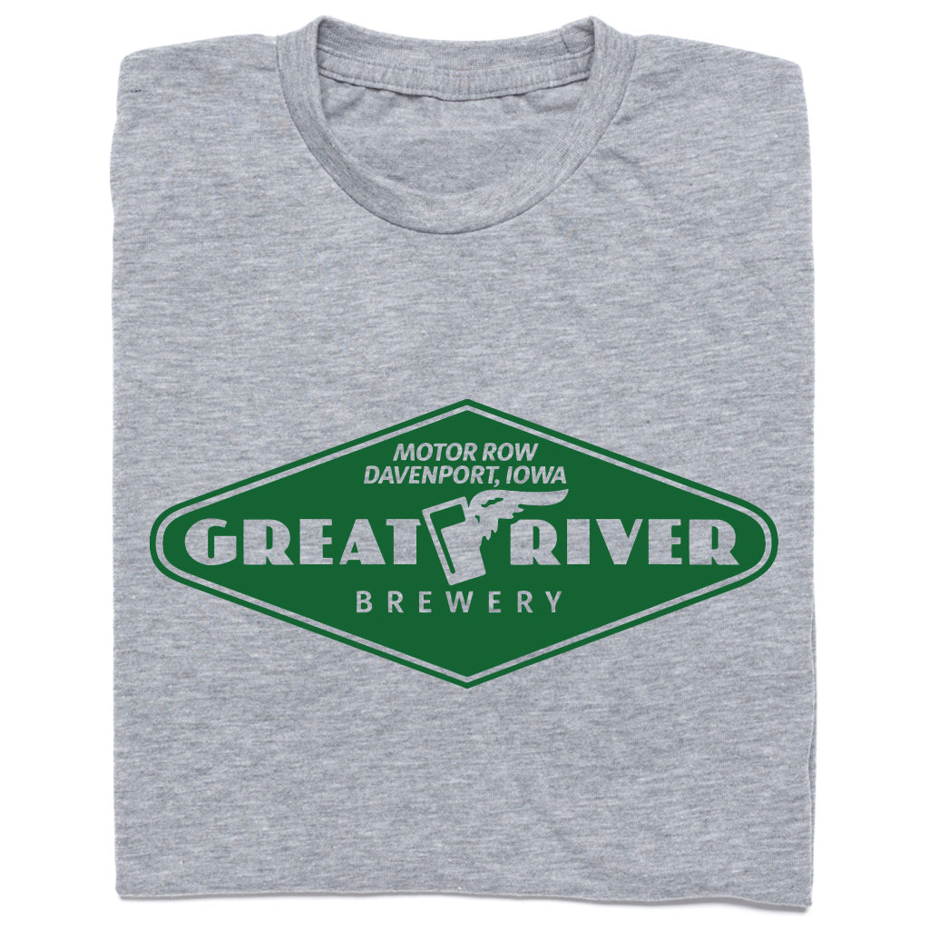 Grey union made t-shirt featuring a green diamond-shaped logo that reads Great River Brewery, Motor Row Davenport, Iowa.