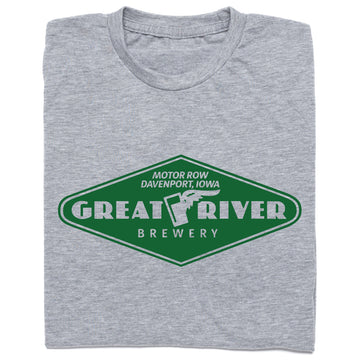 Grey union made t-shirt featuring a green diamond-shaped logo that reads Great River Brewery, Motor Row Davenport, Iowa.