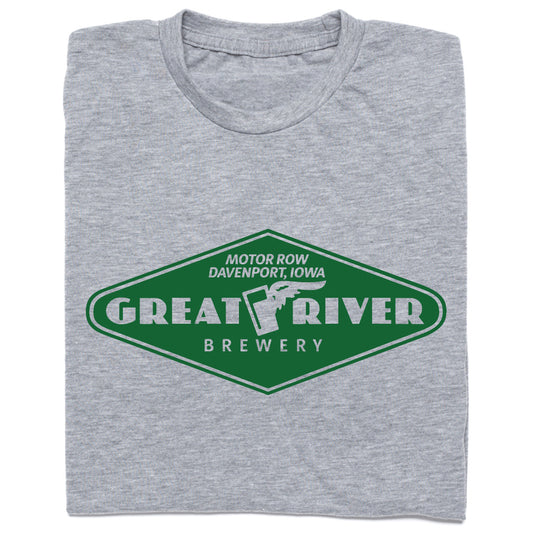 Grey union made t-shirt featuring a green diamond-shaped logo that reads Great River Brewery, Motor Row Davenport, Iowa.