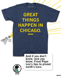 Promo image using the same shirt with Clay below adding "And if you don't know, now you know. From Pope Leo's lips to planet earth's ears."