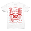 Officially licensed white t-shirt with a red graphic featuring a volleyball, the name Harper Murray, the number 27, and text reading Hammering Harper and O.H. Ann Arbor, MI.
