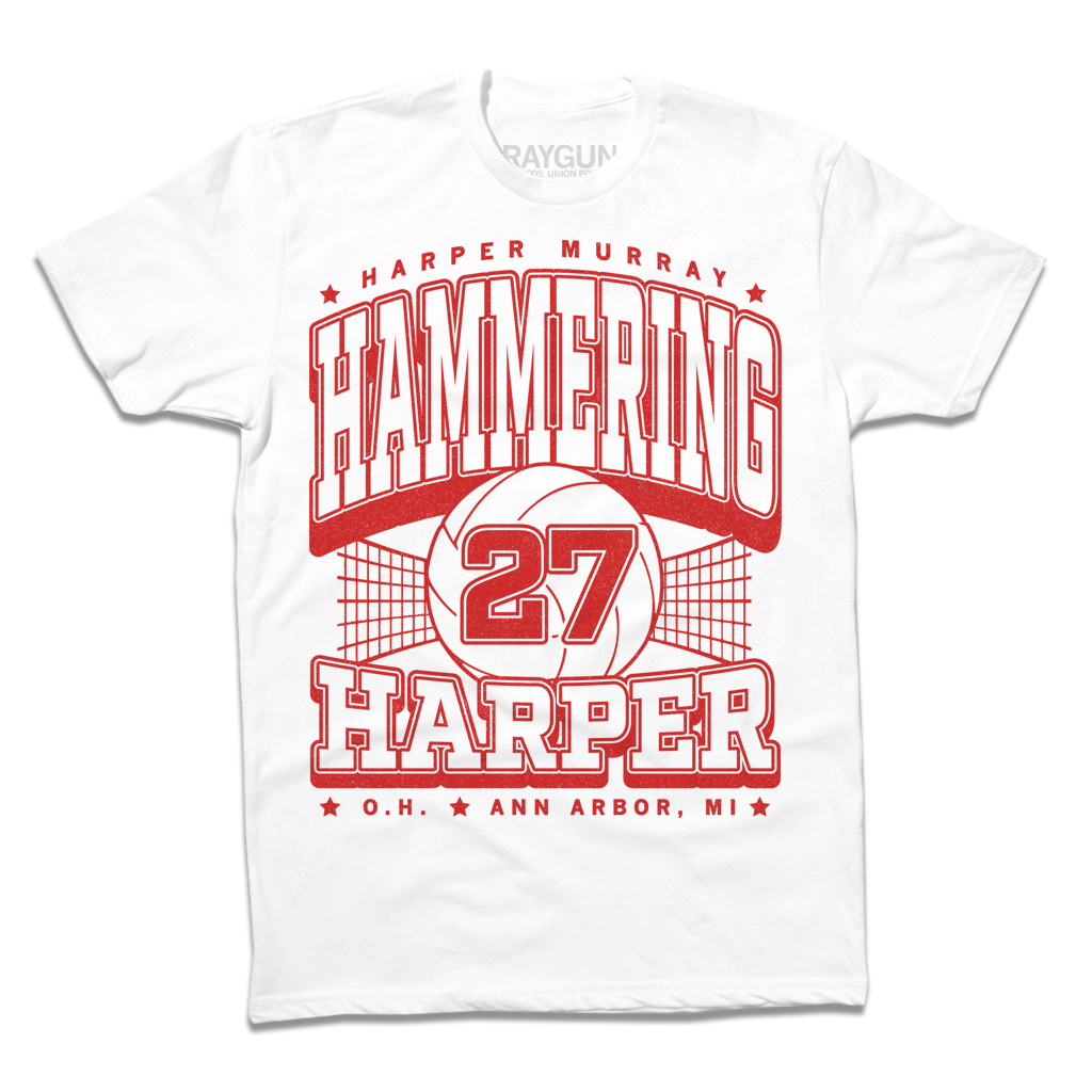 Officially licensed white t-shirt with a red graphic featuring a volleyball, the name Harper Murray, the number 27, and text reading Hammering Harper and O.H. Ann Arbor, MI.