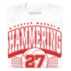 White, officially licensed Harper Murray t-shirt with a red graphic featuring the text HARPER MURRAY HAMMERING 27, a volleyball, and a net.