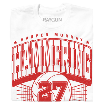 White, officially licensed Harper Murray t-shirt with a red graphic featuring the text HARPER MURRAY HAMMERING 27, a volleyball, and a net.
