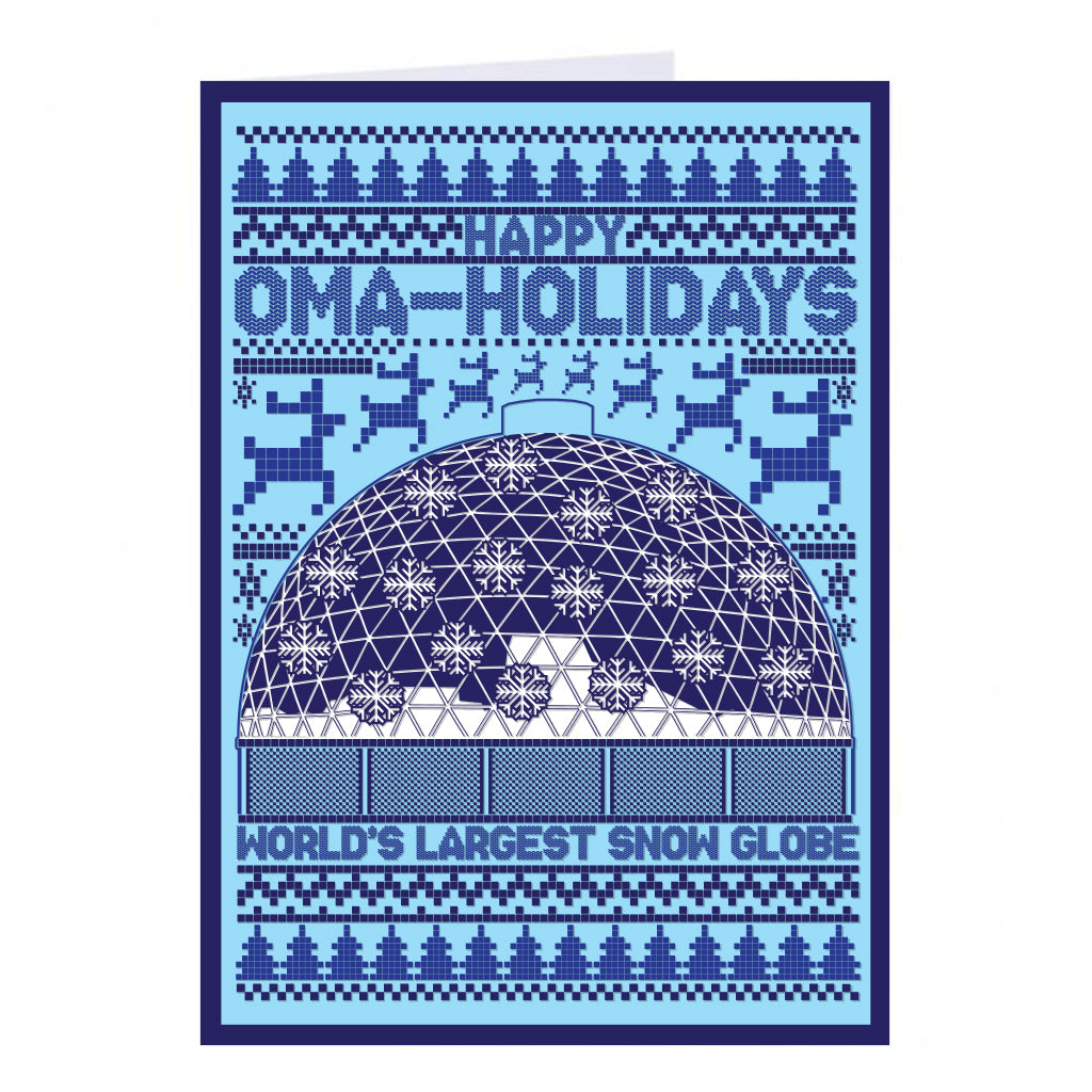 A RAYGUN holiday card featuring a pixelated, knit-pattern illustration of a geodesic dome snow globe, with text reading HAPPY OMA-HOLIDAYS and WORLDS LARGEST SNOW GLOBE.