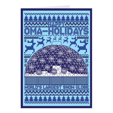 A RAYGUN holiday card featuring a pixelated, knit-pattern illustration of a geodesic dome snow globe, with text reading HAPPY OMA-HOLIDAYS and WORLDS LARGEST SNOW GLOBE.