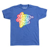 Union-made blue T-shirt featuring the words Happy Pride in a colorful rainbow script.