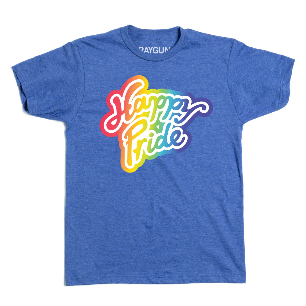 Union-made blue T-shirt featuring the words Happy Pride in a colorful rainbow script.