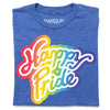 Blue heathered Pride T-shirt featuring the text Happy Pride in a rainbow-colored script font.