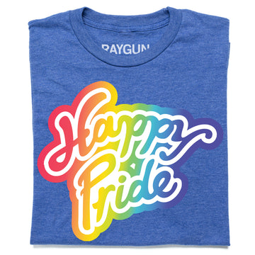Blue heathered Pride T-shirt featuring the text Happy Pride in a rainbow-colored script font.