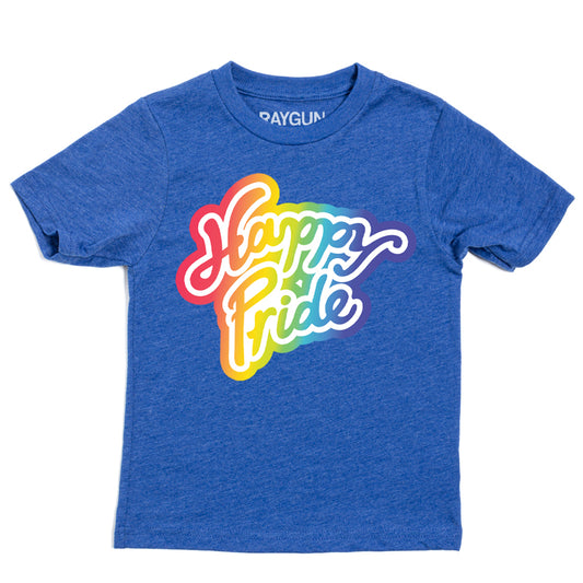 Union-made blue T-shirt featuring Happy Pride in a colorful rainbow gradient script font.