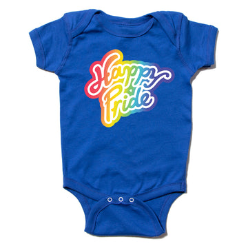 Organic, union-made blue infant bodysuit with the words Happy Pride printed in a rainbow-colored script.