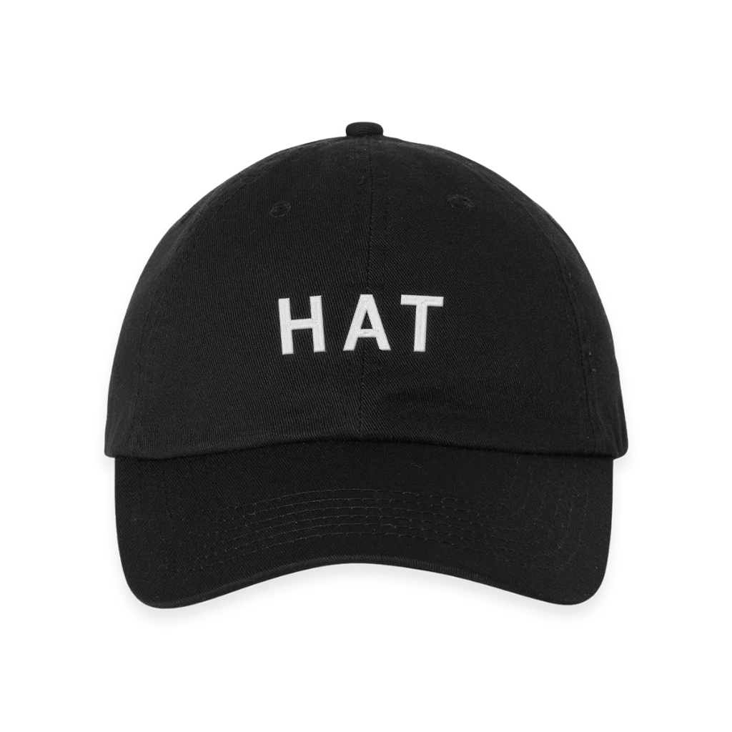 Black RAYGUN baseball cap with the word HAT embroidered in white text on the front.