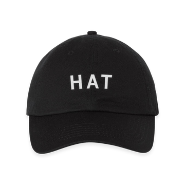 Black RAYGUN baseball cap with the word HAT embroidered in white text on the front.
