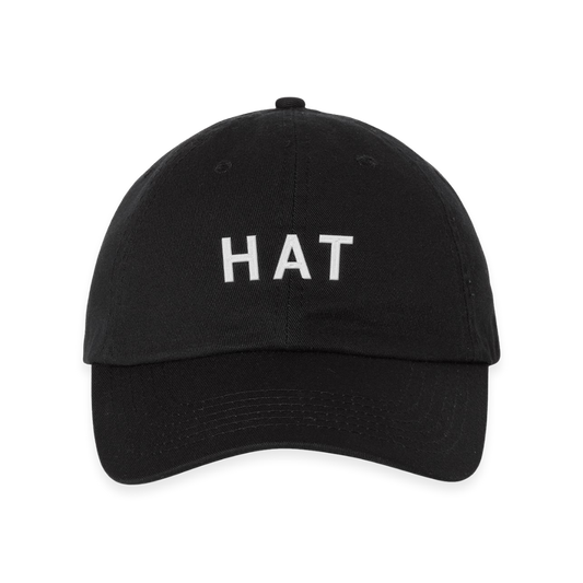 Black RAYGUN baseball cap with the word HAT embroidered in white text on the front.