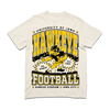 Heavyweight ivory t-shirt featuring University of Iowa Hawkeye football graphics, including a mascot illustration, EST. 1889, and Kinnick Stadium Iowa City text.