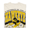 Heavyweight ivory t-shirt with a University of Iowa Hawkeye graphic featuring a mascot running with a football and the text EST. 1889.