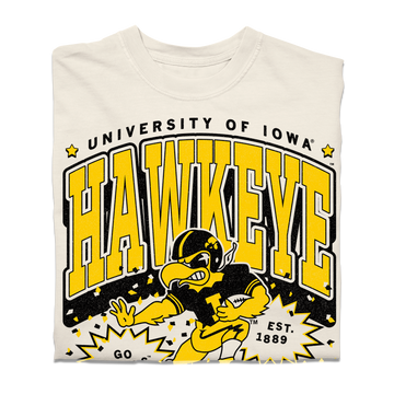 Heavyweight ivory t-shirt with a University of Iowa Hawkeye graphic featuring a mascot running with a football and the text EST. 1889.