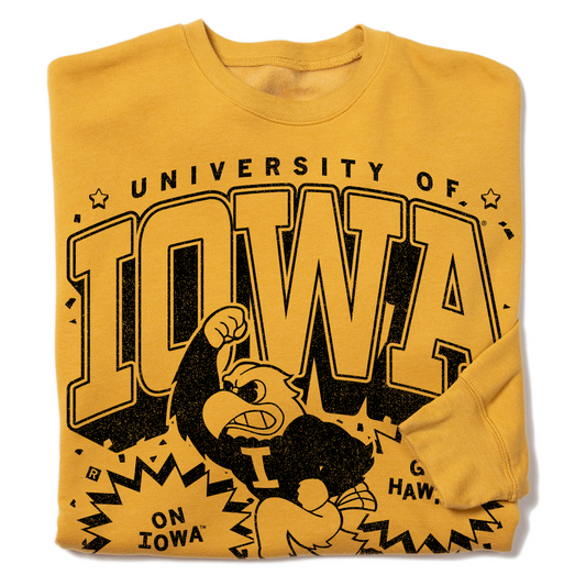 Gold RAYGUN University of Iowa sweatshirt with a black graphic featuring the Hawkeyes mascot and text.